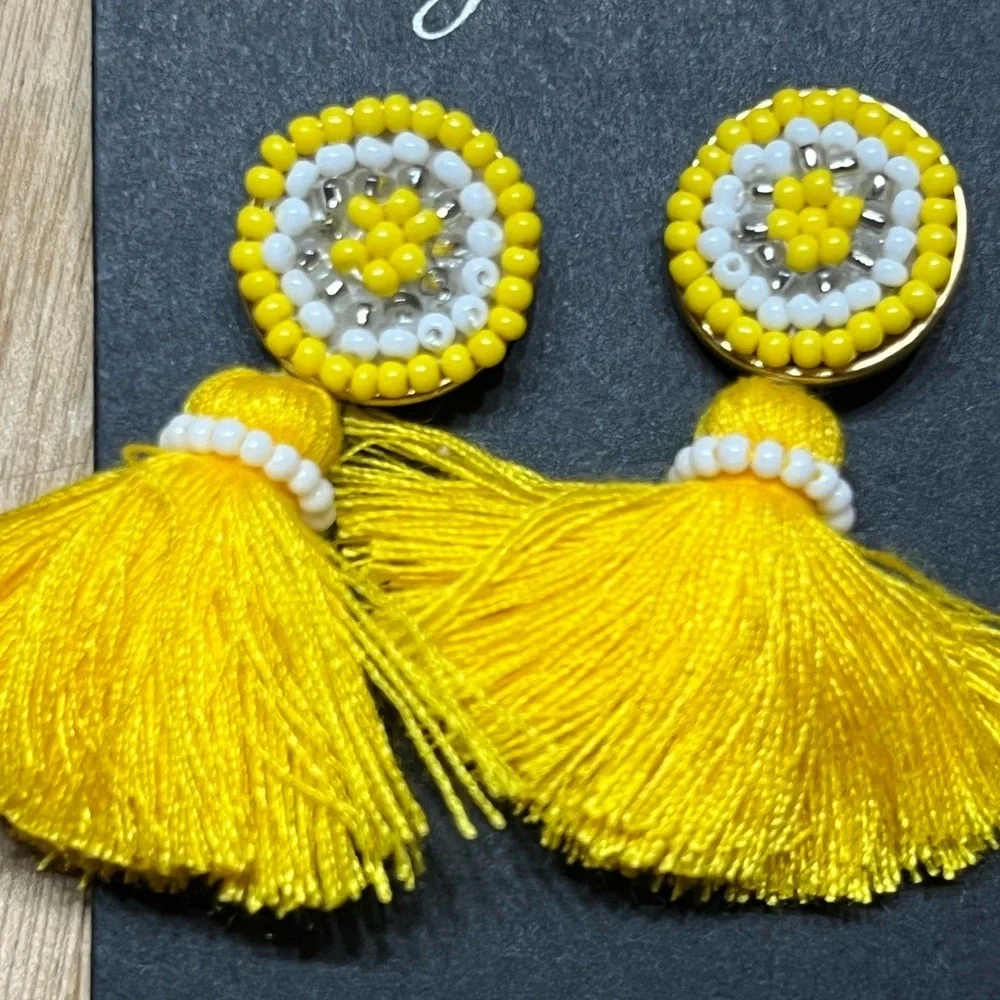 J. Crew Yellow and White Beaded Tassel Earrings